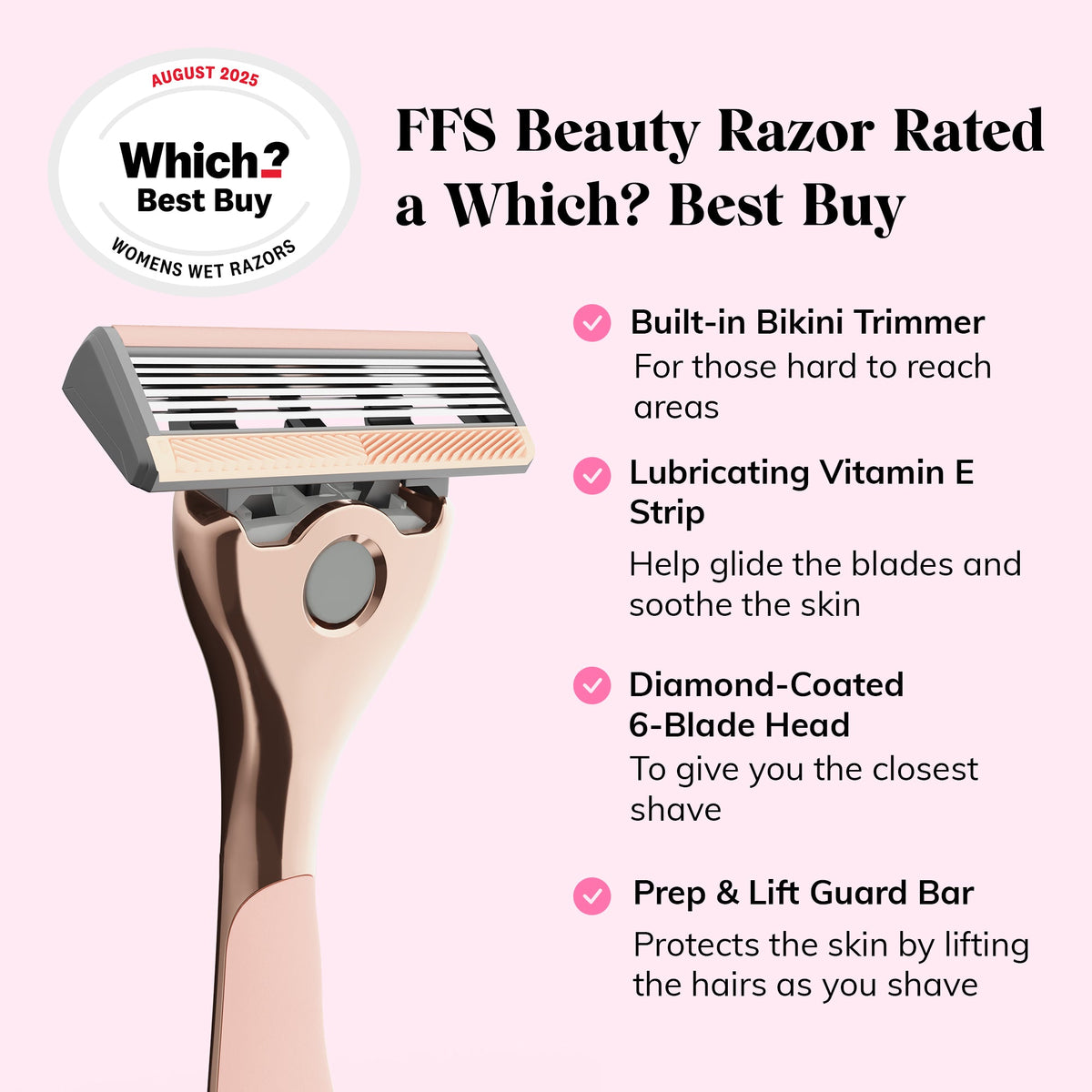 FFS Premium SmoothGlide blade features: diamond-coated 6-blade head, Vitamin E strip, bikini trimmer and guard bar — Which? Best Buy